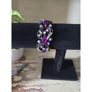 Vintage‎ Silver Tone Purple Marquise Aurora Borealis AB Crystal Hinged Bracelet